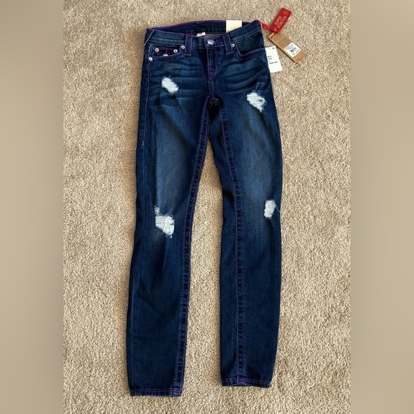 True Religion Super Skinny Jeans W26 Neon Purple Stitch Distressed Dark Wash Y2K - Picture 3 of 10